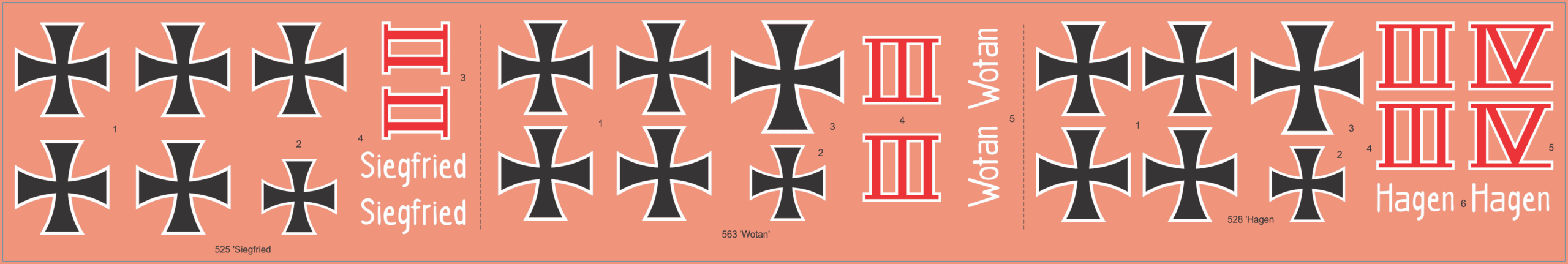 German WWI A7V Tank Waterslide Decal Set – 525 “Siegfried”, 528 “Hagen” & 563 “Wotan” – Multi Scale Military Model Decals