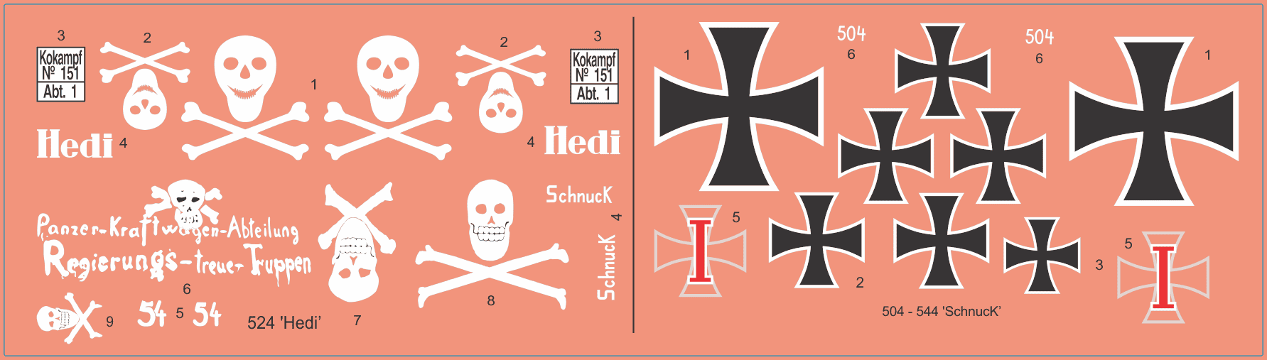 German WWI A7V Tank Waterslide Decal Set – 504, 544 “Schnuck” & 524 “Hedi” – Multi Scale Military Model Decals
