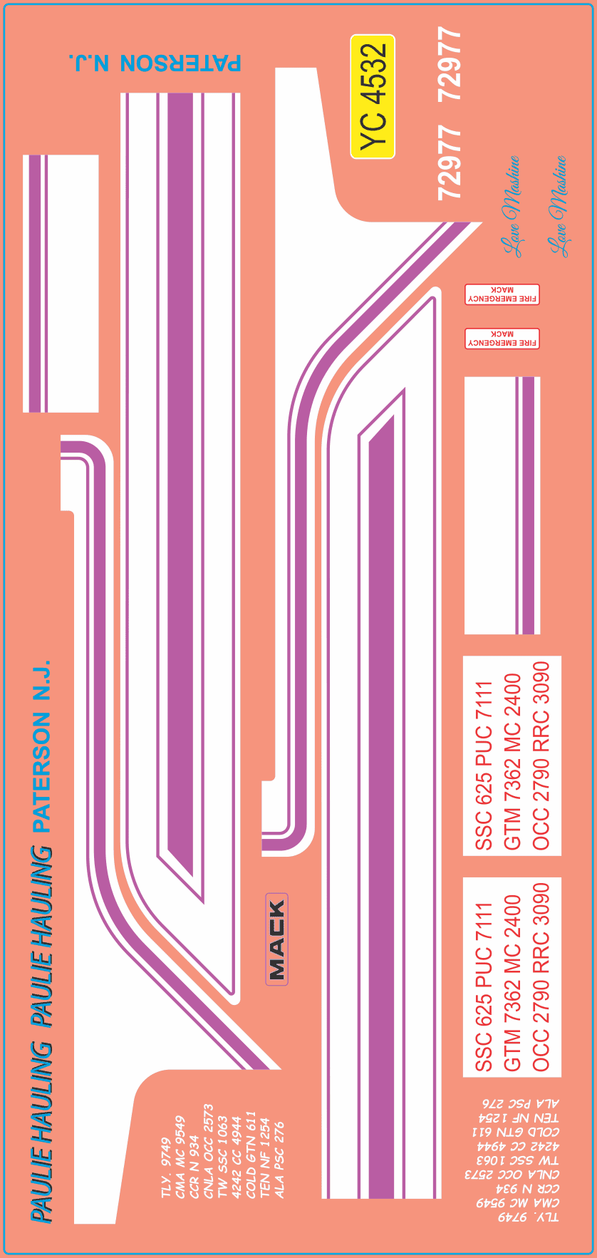 CONVOY’s Pig Pen’s ‘Love Machine’ Truck Decals – Water Decals – Waterslide – Multi-Scale