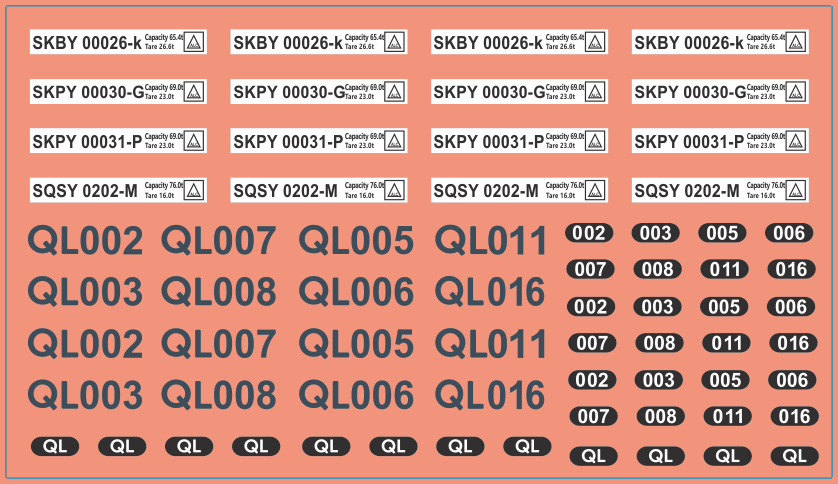QUBE Wagon “Gray Letters & Code” – Multi-Scale Waterslide Decals