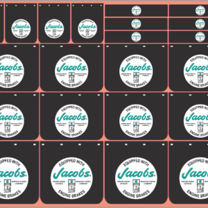 Mudflap Decals – Jacobs Engine Brakes | White Vinyl | Multi-Scale (1/14, 1/24, 1/32, 1/50, 1/64, 1/87)