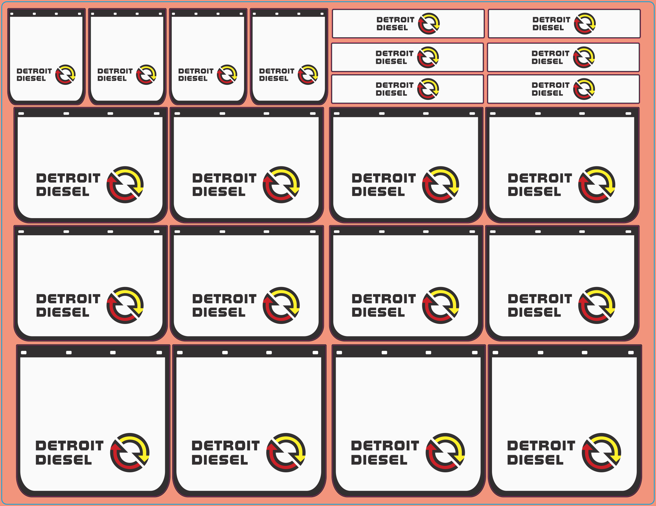 Detroit Diesel Mudflap Decals – White Vinyl – Multi-Scale (1/14, 1/24, 1/32, 1/50, 1/64, 1/87)